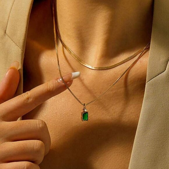 Necklace Cubic Zirconia Green Chain Stainless Steel Sets - Picture 1 of 2